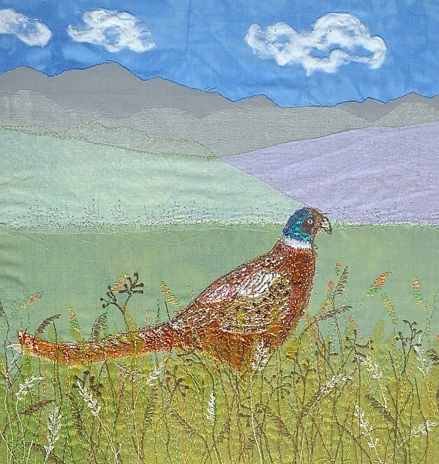 Pheasant in the Grass artwork - textile wall art British wildlife moor heath