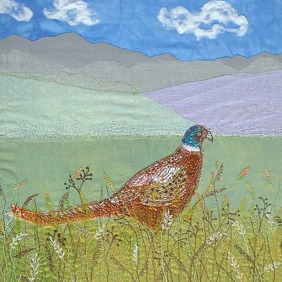 Pheasant in the Grass artwork - textile wall art British wildlife moor heath