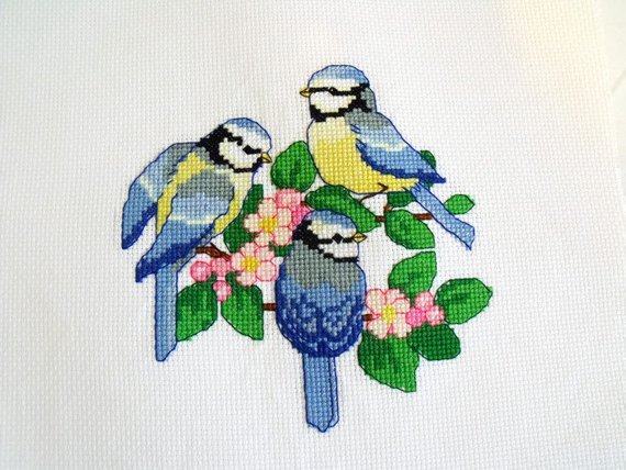 blue tits cross stitch picture ready for you to frame, house warming gift
