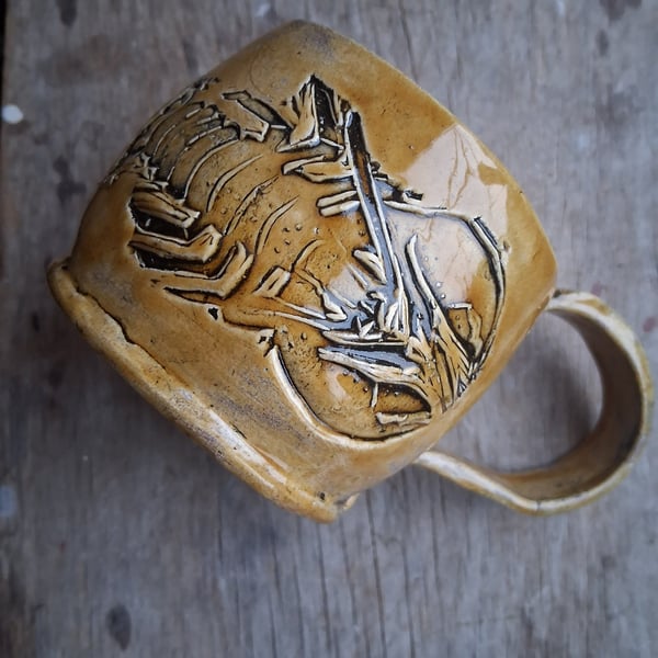 Ochre lobster tea cup - stoneware smaller cup mug