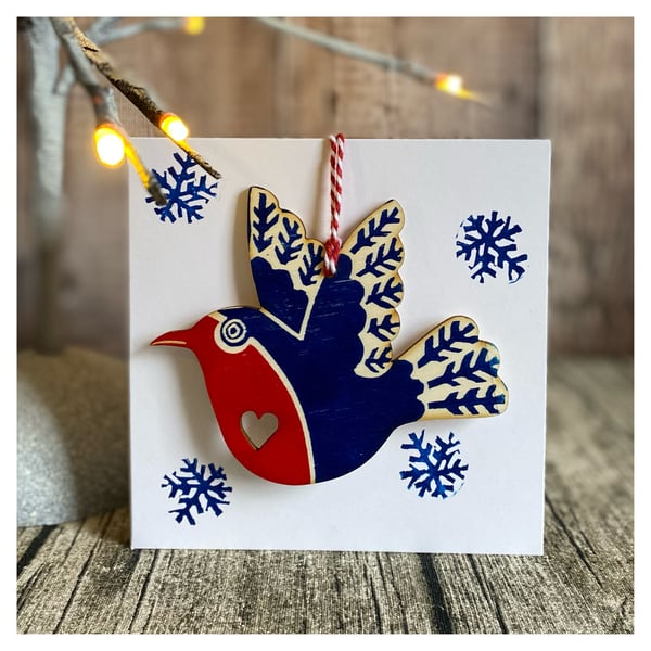 'Folksy Robin' Hand Printed Wooden Decoration on Card