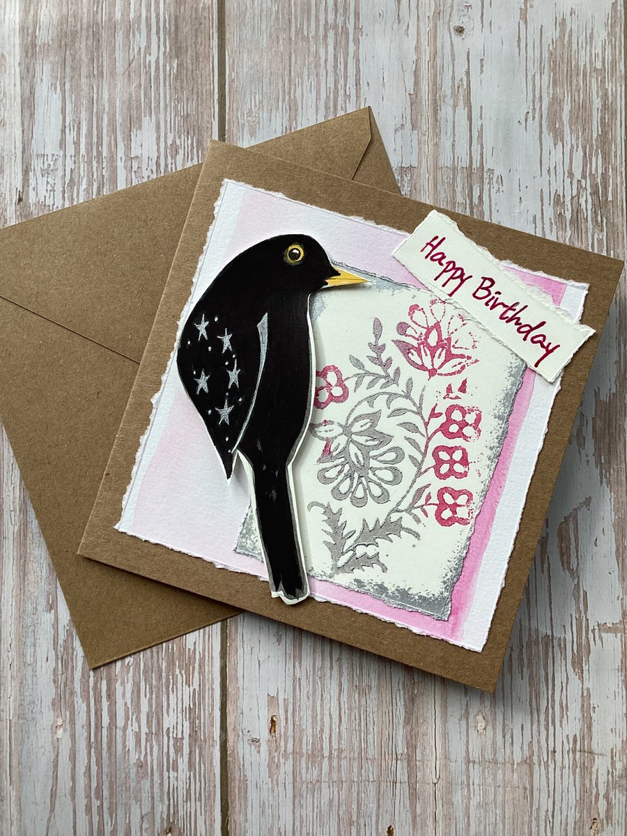 Hand painted birthday card, blackbird birthday card, bird lovers card