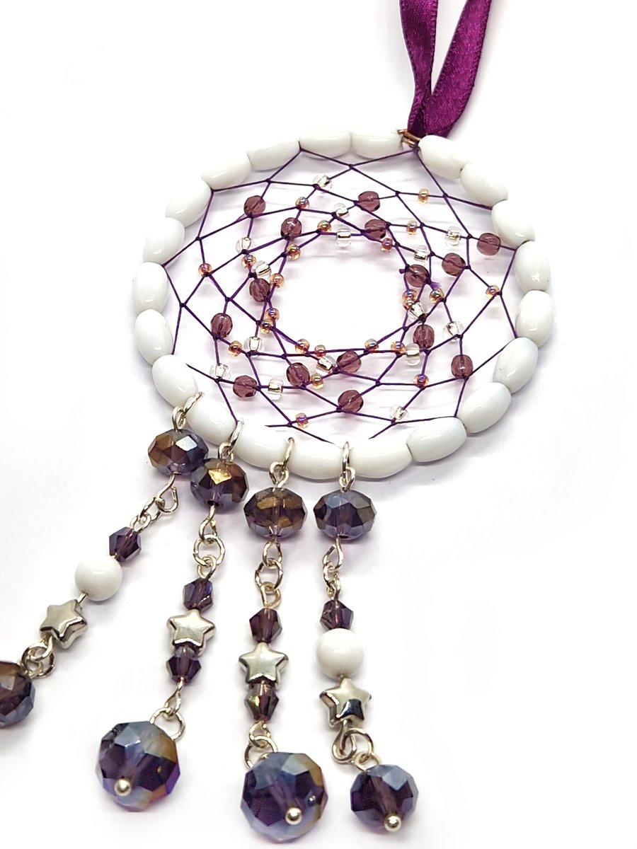 Purple silver and white beaded dreamcatcher