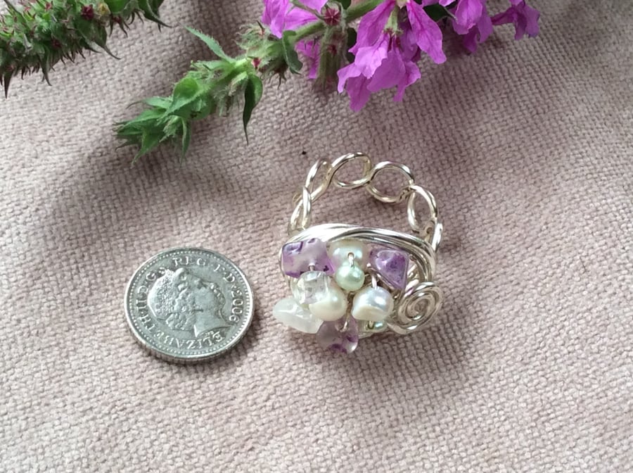 Silver Plated Wire Nest Ring Amethyst and Jade Pearl FREE POST