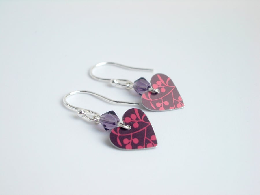 Heart earrings in plum with leaf print