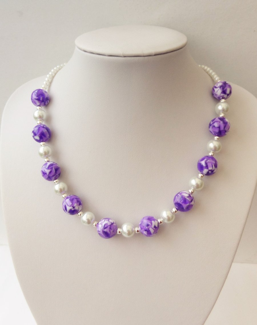 Purple, white and silver acrylic and glass bead necklace