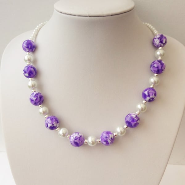 Purple, white and silver acrylic and glass bead necklace
