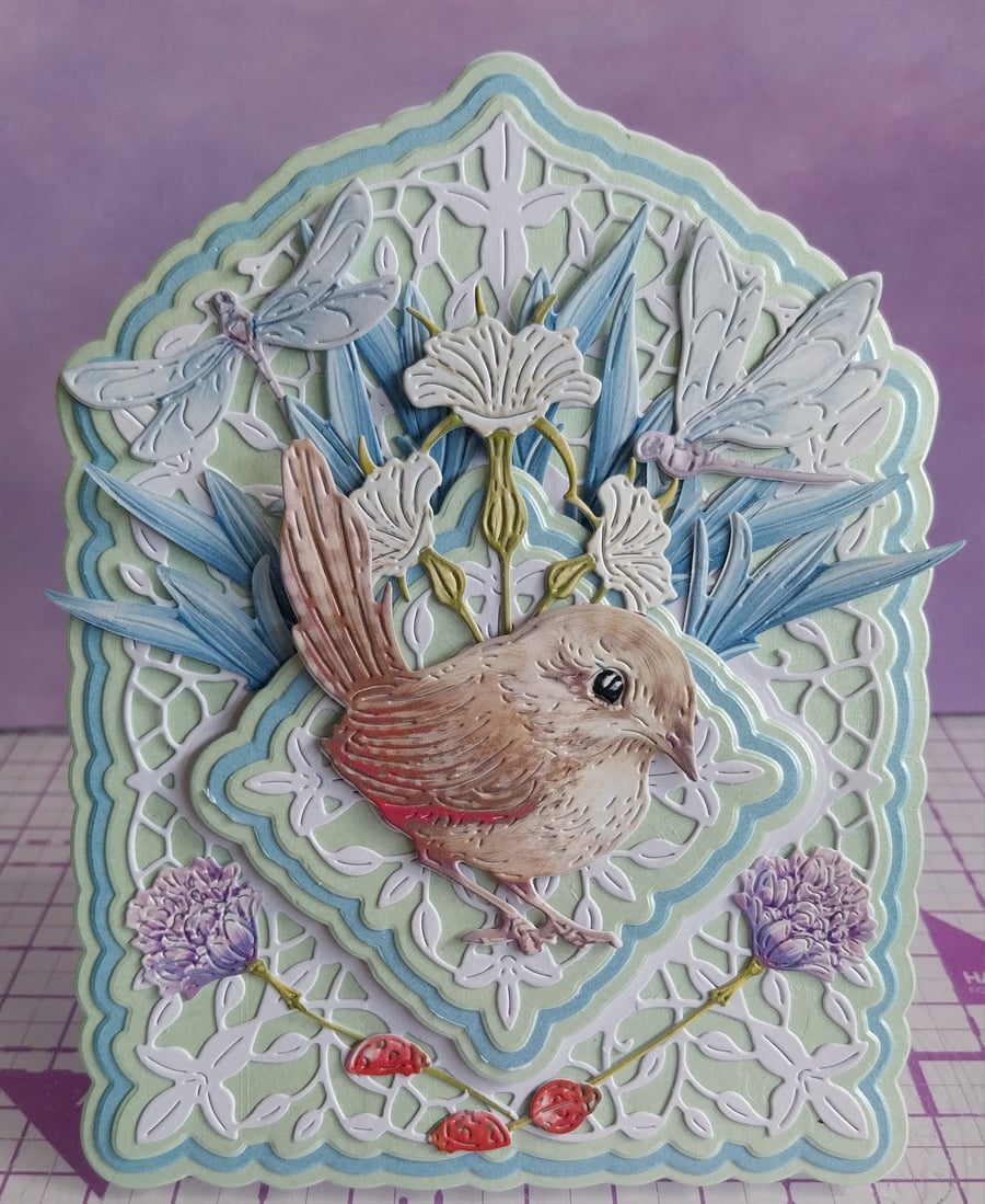 Handmade Floral Card with Wren