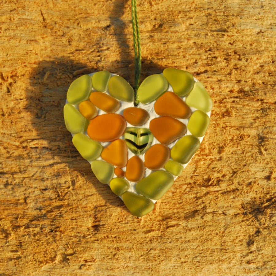 Beach glass heart with olive and brown