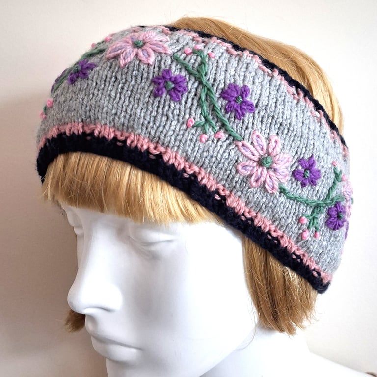 Hand Knitted And Embroidered With Flowers Headband Ear Warmer (J133)