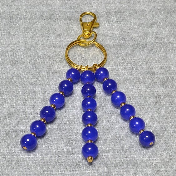 Bag Charm – Blue Glass Bead and Gold Spacer Triple Dangle