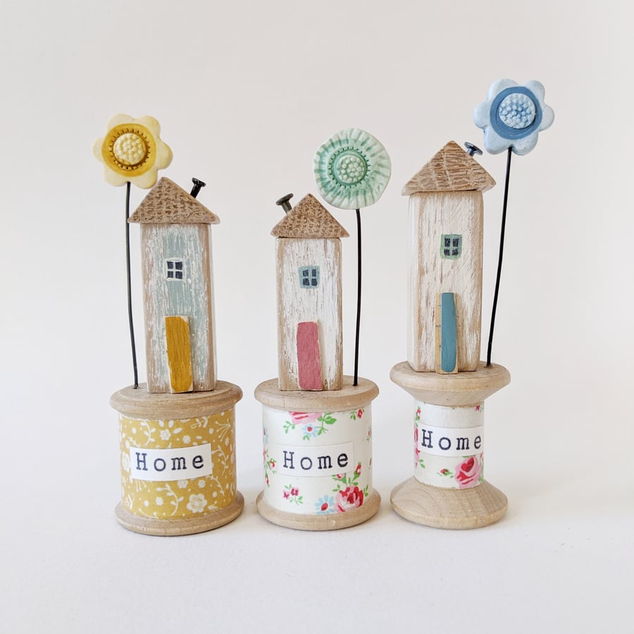 Little Wooden House on a Vintage Floral Bobbin with Clay Flower 'Home'