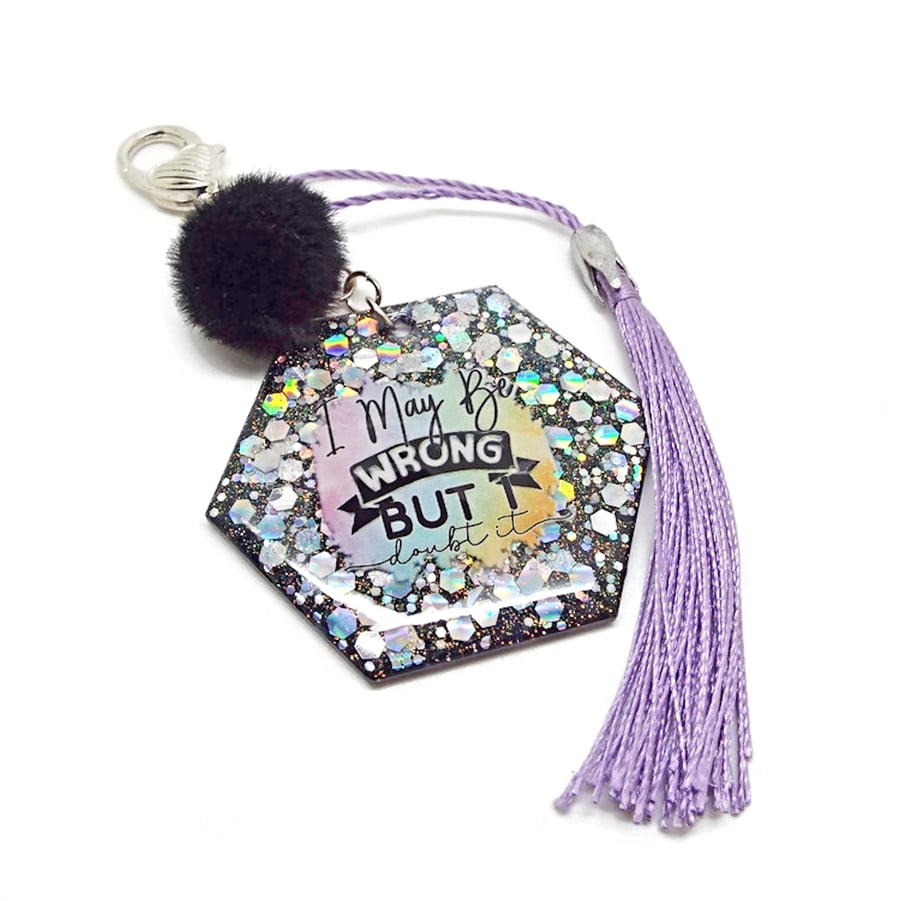 Sarcastic Bag Charm in Black and Purple with Tassel and Pompom