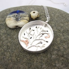 Hare & Tree Scenic pendant, copper Hare & leafy silver tree.Silver Hares Pendant