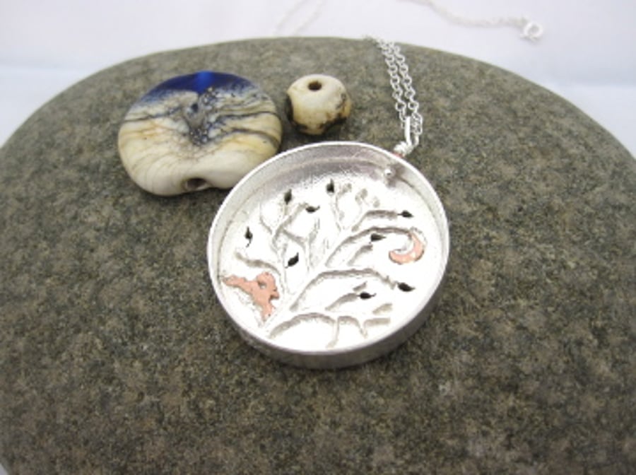 Hare & Tree Scenic pendant, copper Hare & leafy silver tree.Silver Hares Pendant
