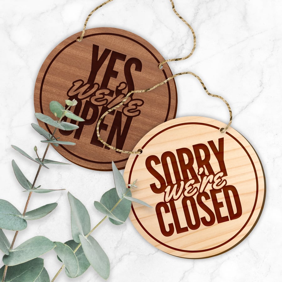 Double Sided Wooden Open And Close Shop Sign, Round, Shop Window Sign
