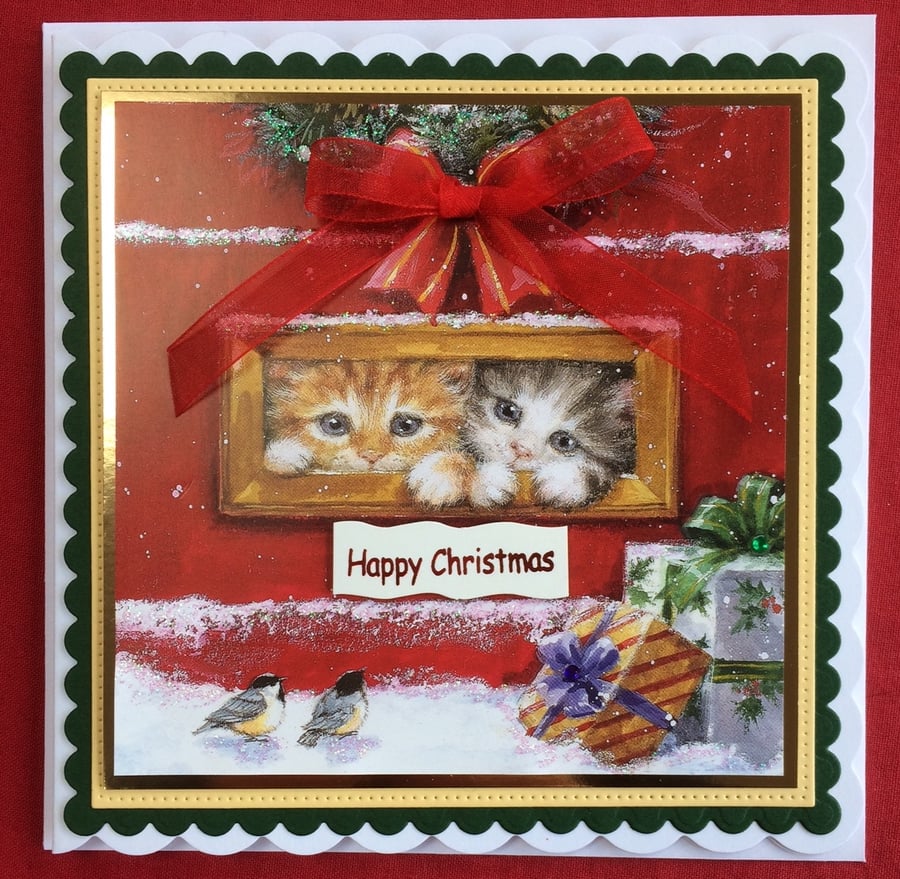 3D Luxury Handmade Card Christmas Cute Kittens in Letterbox by Poppy Kay Designs