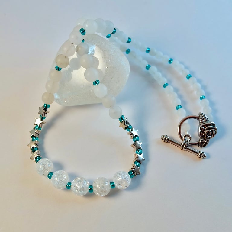 Crackle Quartz Necklace With Silver Stars - Birthday, Anniversary, Gifts For Her