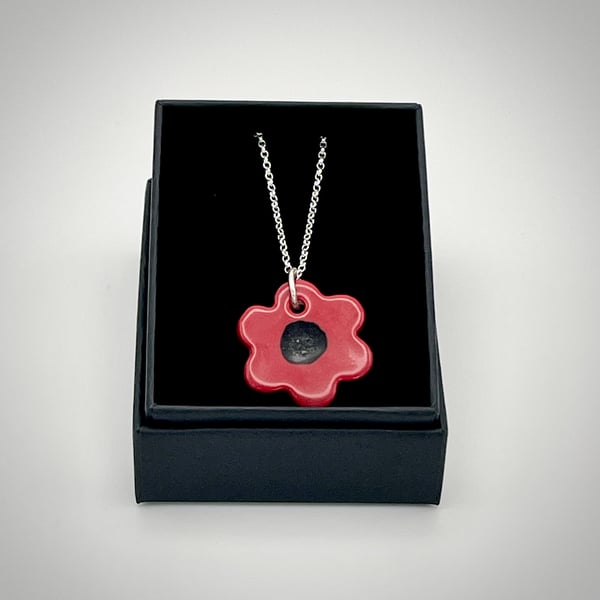 NEW! Porcelain poppy red necklace on a sterling silver chain