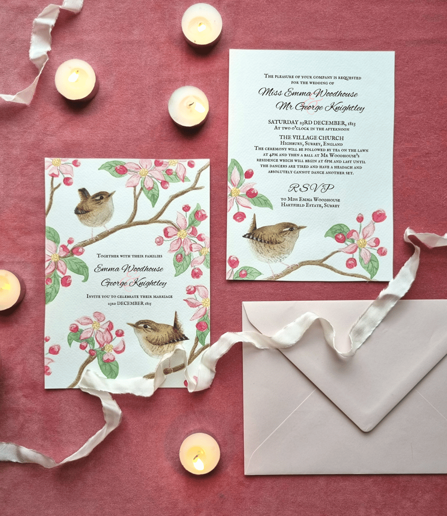 10 Apple blossom wedding invitations, A5 watercolour floral invites