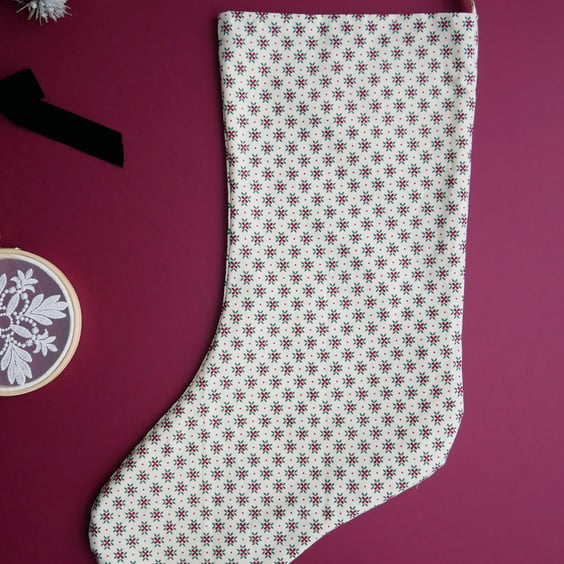 Christmas Stocking with Ditsy Red Flower Design - Large