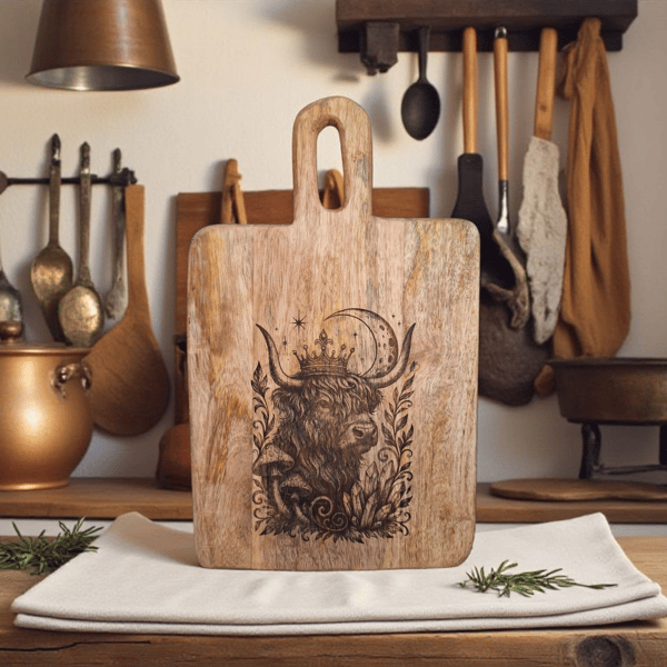 Mango Wood Board – Mystical Highland Cow with Crown & Moon Design
