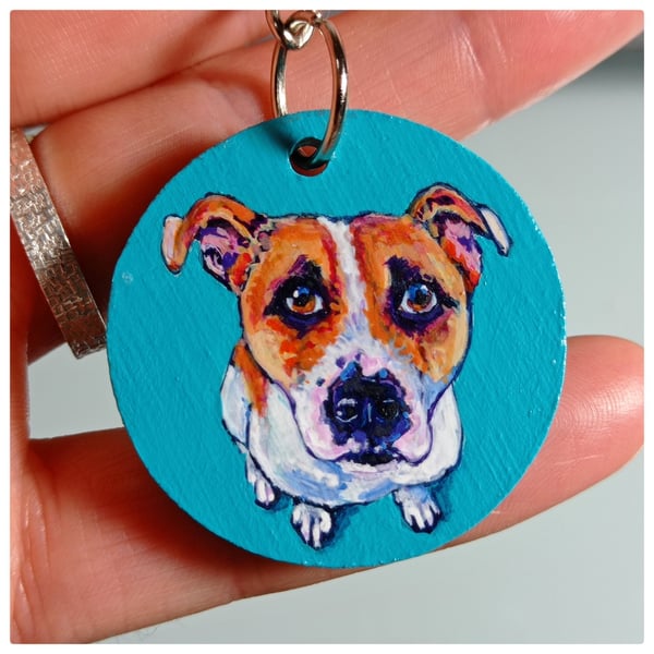 Custom pet portrait key ring - hand painted in acrylic on wooden key fob