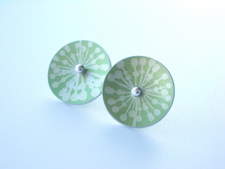 Green and silver circle studs with allium print. Perfectly imperfect.