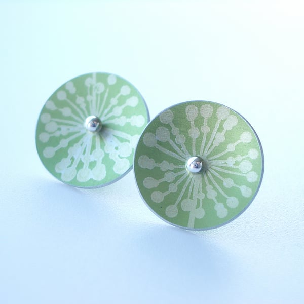 Green and silver circle studs with allium print. Perfectly imperfect.
