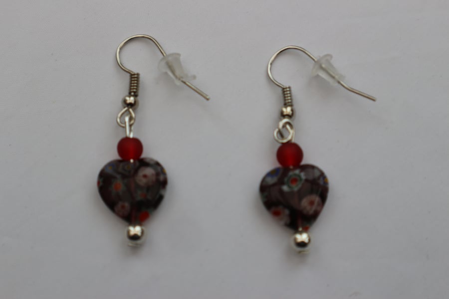 Silver plated beaded earrings- purple millefiori heart