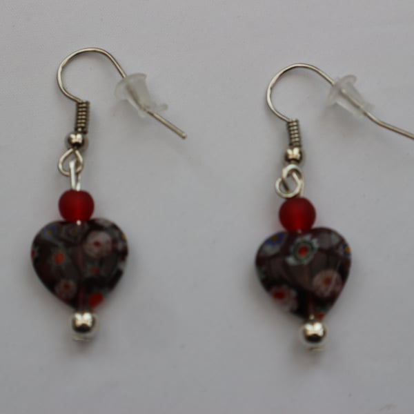 Silver plated beaded earrings- purple millefiori heart