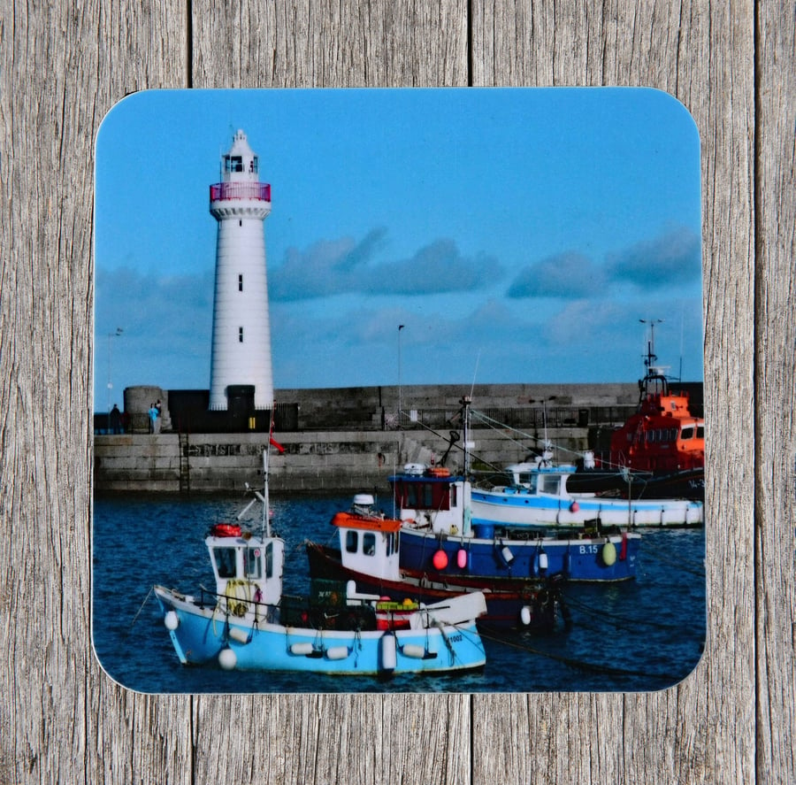 Coasters. Donaghadee Lighthouse and Harbour scene. Photo image cork backed