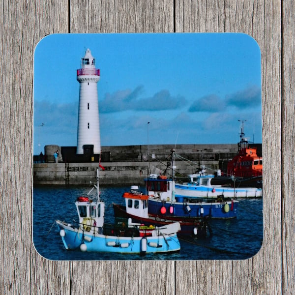 Coasters. Donaghadee Lighthouse and Harbour scene. Photo image cork backed