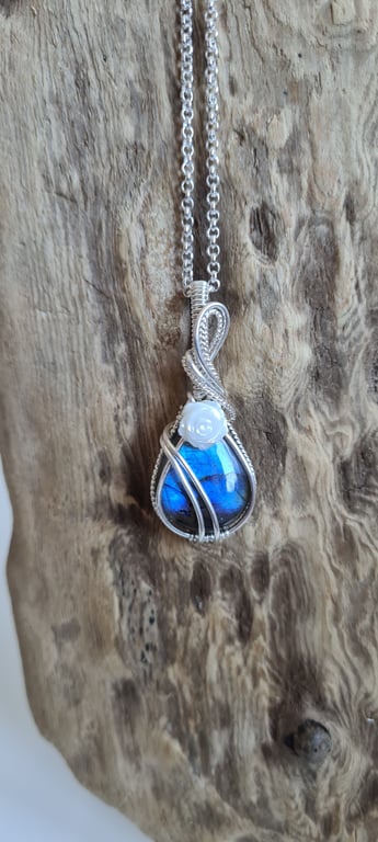 925 Silver & Natural Blue Labradorite Necklace Pendant Gift Crystal Jewellery 