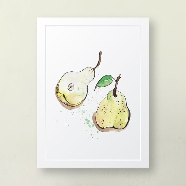 Pears in Watercolour and Ink A4 Art Print