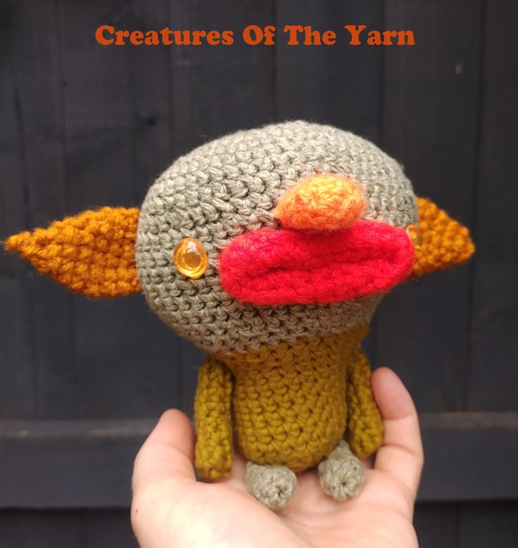 Sage the Goblin, crocheted companion creature, collectible toy for grown ups