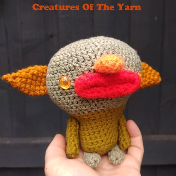 Sage the Goblin, crocheted companion creature, collectible toy for grown ups