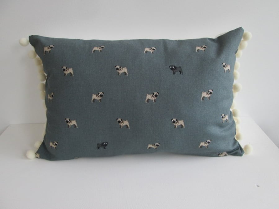 Sophie Allport Pugs Cushion with Cream Bobbles