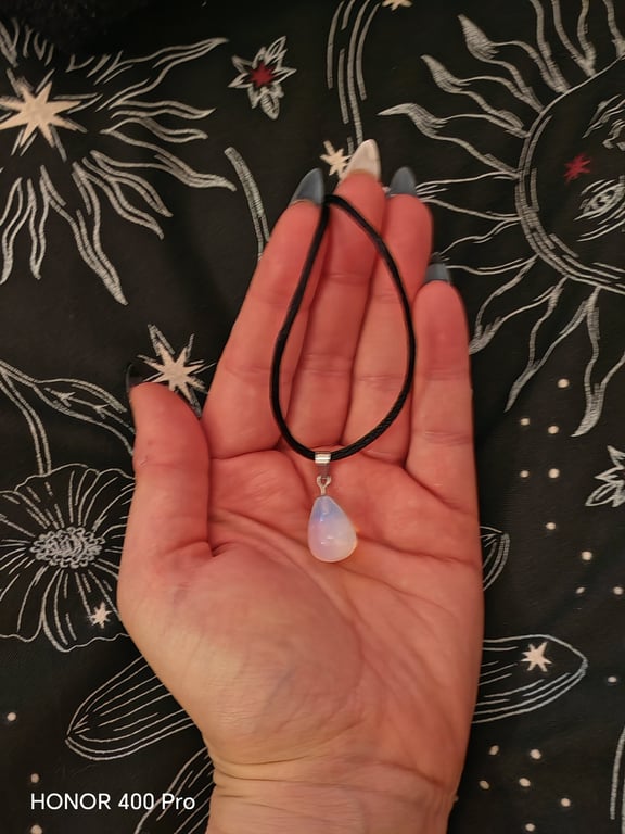 Glowing opalite teardrop pendant necklace - minimalist boho style delicate charm