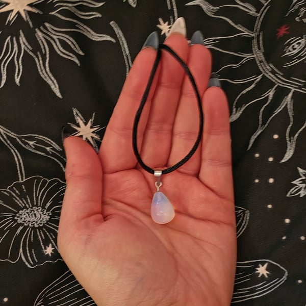 Glowing opalite teardrop pendant necklace - minimalist boho style delicate charm