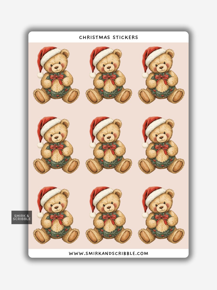 Funny Christmas Sticker Sheet - Cute Xmas Teddy Bear