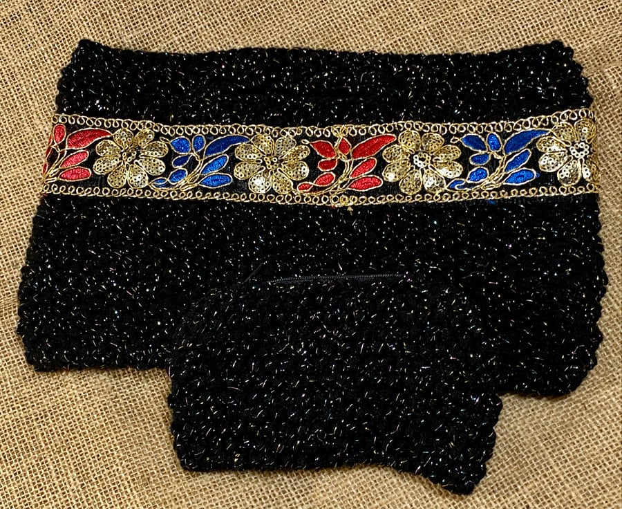 Hand-Knitted Evening Bag and Purse With Sequinned Embroidered Ribbon