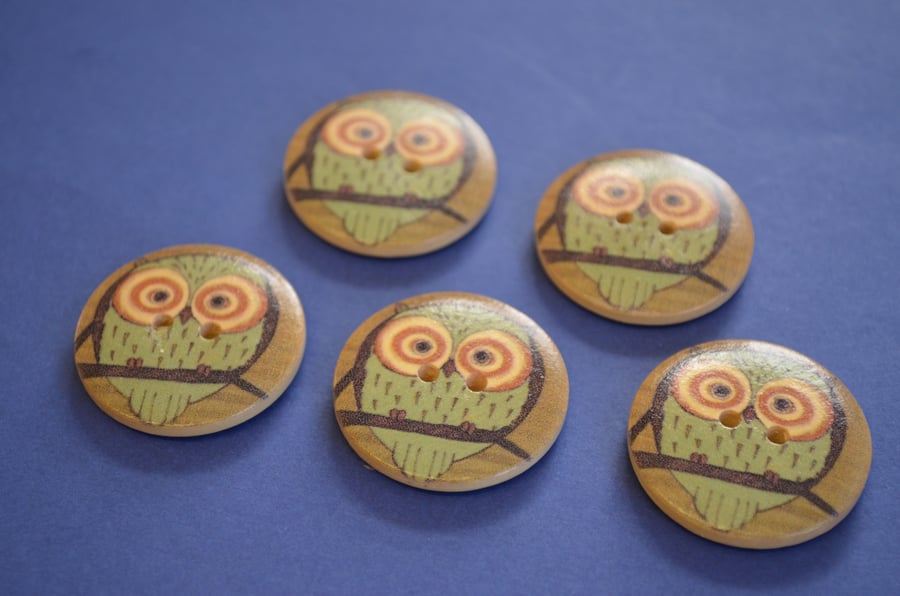 30mm Wooden Owl Buttons Natural Brown Mint 5pk Bird (LOW6)