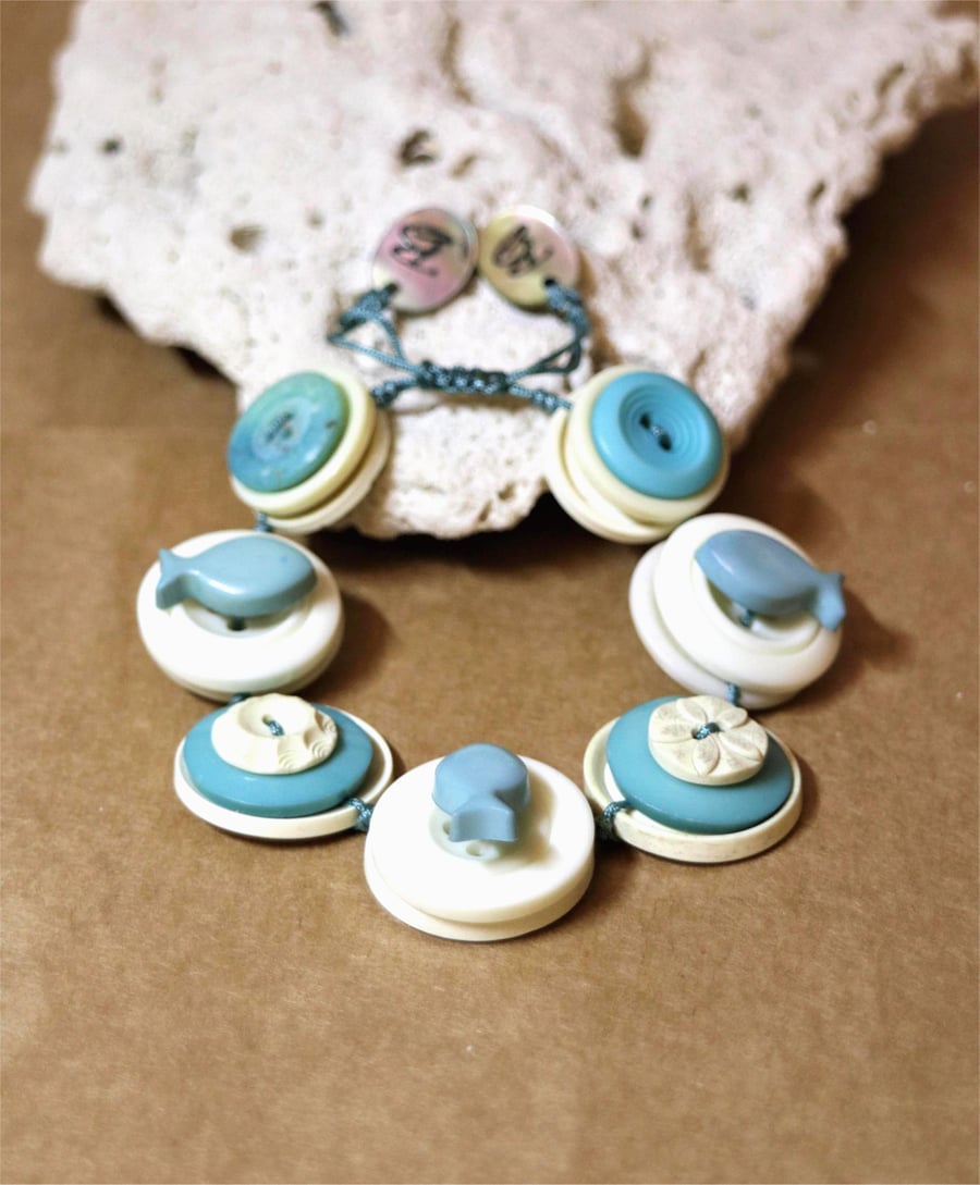 Turquoise and Ivory color theme - Unique Vintage fish Button Adjustable Bracelet