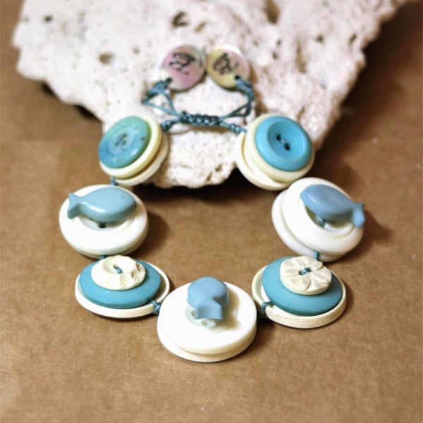 Turquoise and Ivory color theme - Unique Vintage fish Button Adjustable Bracelet