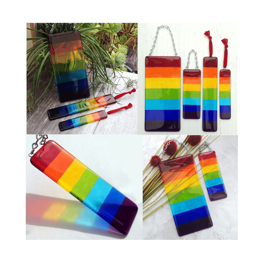 Handmade Fused Glass Rainbow Striped Suncatcher - Colourful Hanging Picture