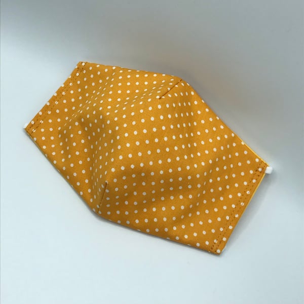 Golden Yellow Polka Dot Face Mask. Triple layered. 100 % Cotton Fabric.