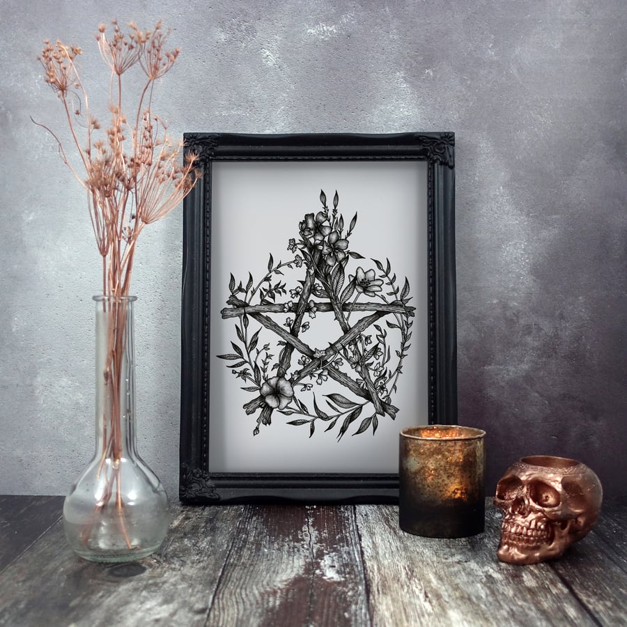 Pentagram Print, Pentacle, Gothic Home Decor, Wicca, Witchcraft, Botanical