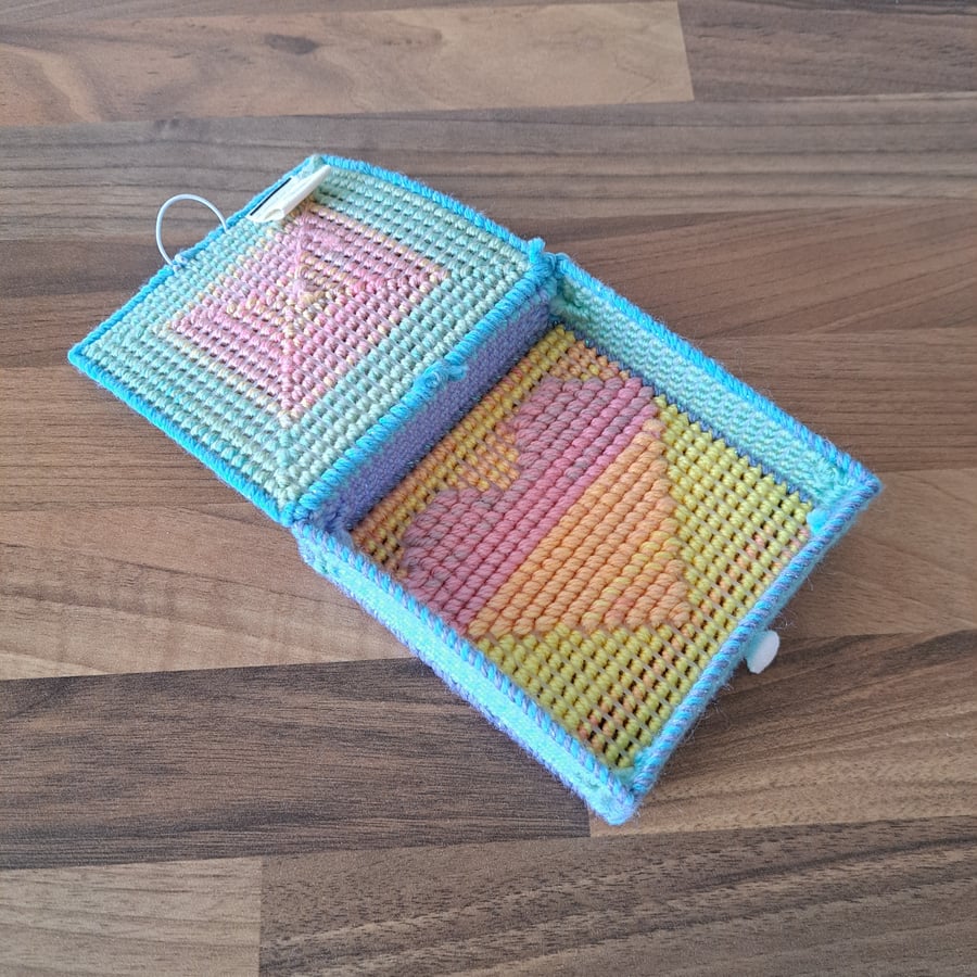 Container for small desk items- multicoloured heart pattern with button and lid 