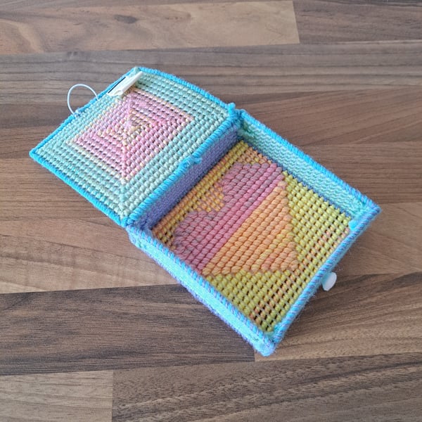 Container for small desk items- multicoloured heart pattern with button and lid 